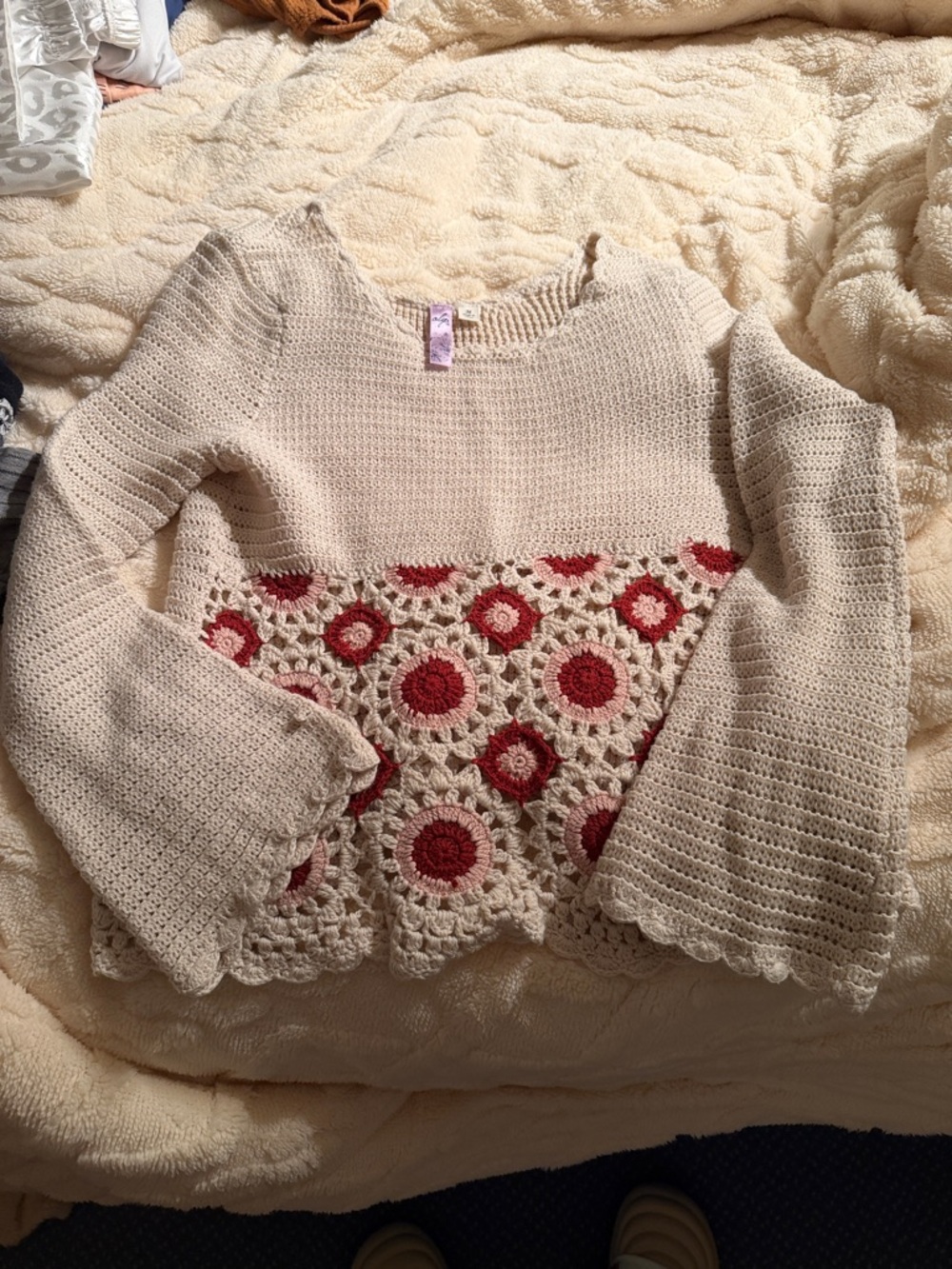 Alya Cream Crochet Hem Sweater with Red Floral Insets